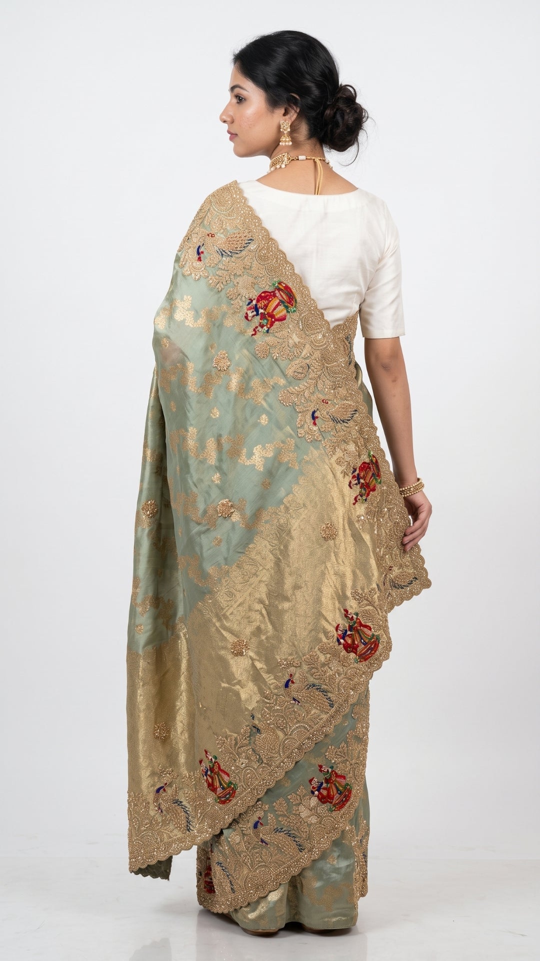 Sage Green Pure Tissue Banarasi Unstitched Saree with Sequins, Zari, Moti & Dori Work